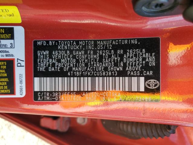 4T1BF1FK7CU583813 - 2012 TOYOTA CAMRY BASE წითელი ფოტო 12