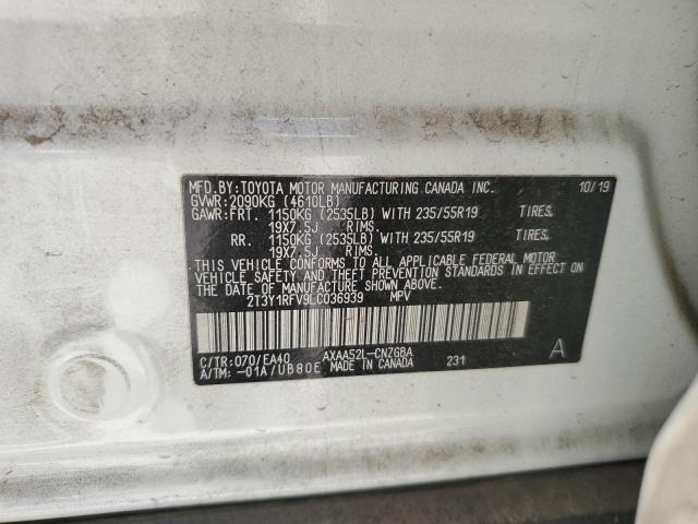 2T3Y1RFV9LC036939 - 2020 TOYOTA RAV4 LIMITED WHITE photo 12