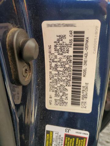 5YFBU4EE3DP218079 - 2013 TOYOTA COROLLA BASE Կապույտ լուսանկար 12