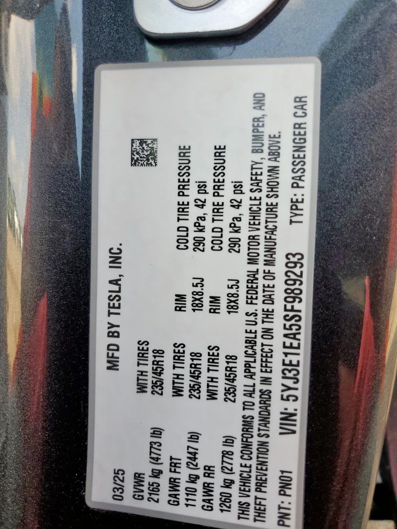 5YJ3E1EA5SF989293 - 2025 TESLA MODEL 3 Boz foto 12