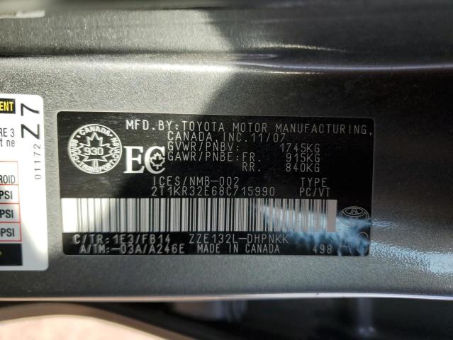 2T1KR32E68C715990 - 2008 TOYOTA COROLLA MA XR SILVER photo 12