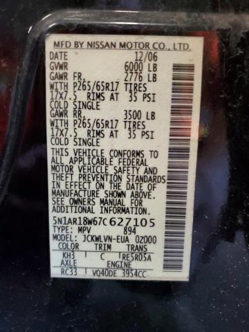 5N1AR18W67C627105 - 2007 NISSAN PATHFINDER LE შავი ფოტო 14