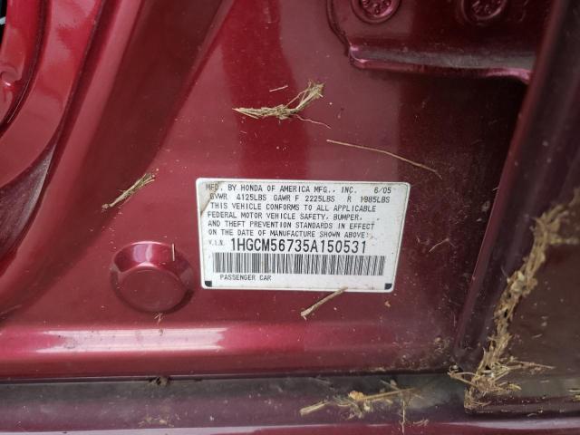 1HGCM56735A150531 - 2005 HONDA ACCORD EX BURGUNDY photo 12