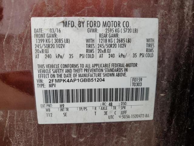 2FMPK4AP1GBB51204 - 2016 FORD EDGE SPORT MAROON photo 13