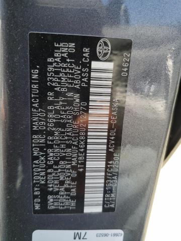 4T1BE46K88U212770 - 2008 TOYOTA CAMRY CE CHARCOAL photo 12