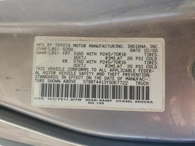 5TBBT4413YS067722 - 2000 TOYOTA TUNDRA ACCESS CAB ნაცრისფერი ფოტო 12