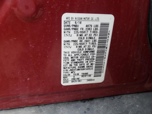 JN8AT2MV5GW140523 - 2016 NISSAN ROGUE S RED photo 12