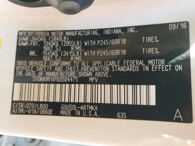 5TDKKRFH7GS504475 - 2016 TOYOTA HIGHLANDER XLE WHITE photo 13