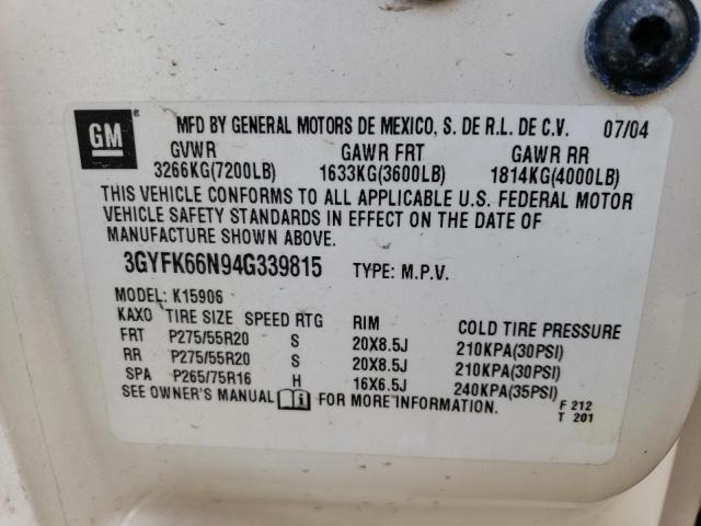 3GYFK66N94G339815 - 2004 CADILLAC ESCALADE ESV WHITE photo 10