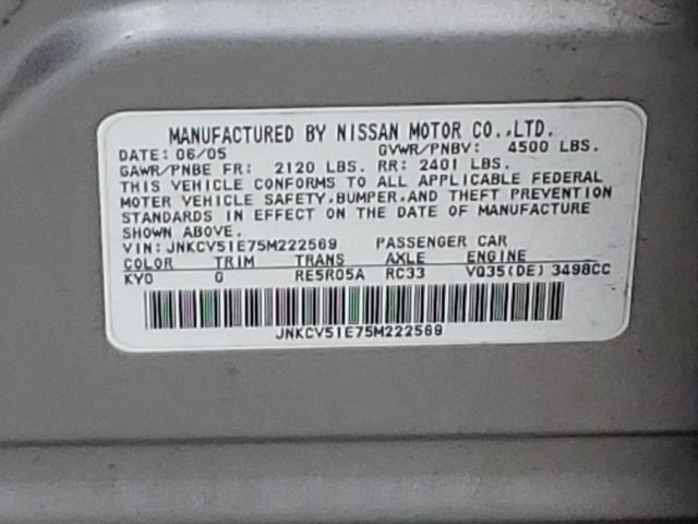 JNKCV51E75M222569 - 2005 INFINITI G35 SILVER photo 12