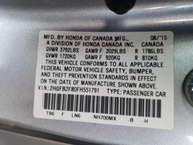 2HGFB2F80FH551791 - 2015 HONDA CIVIC EX SILVER photo 10