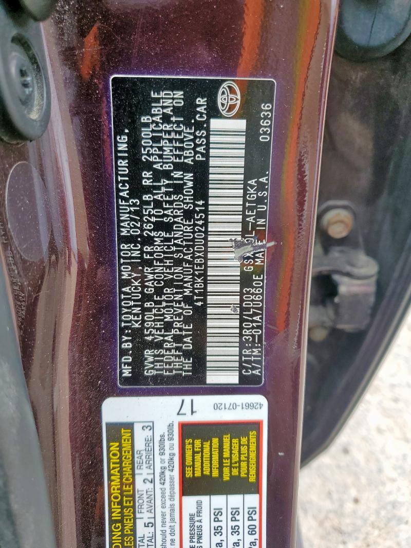 4T1BK1EBXDU024514 - 2013 TOYOTA AVALON BASE BURGUNDY photo 13