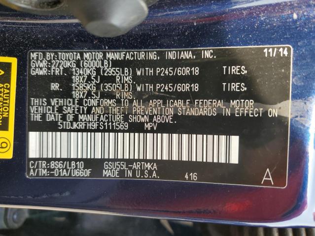 5TDJKRFH9FS111569 - 2015 TOYOTA HIGHLANDER XLE Կապույտ լուսանկար 13