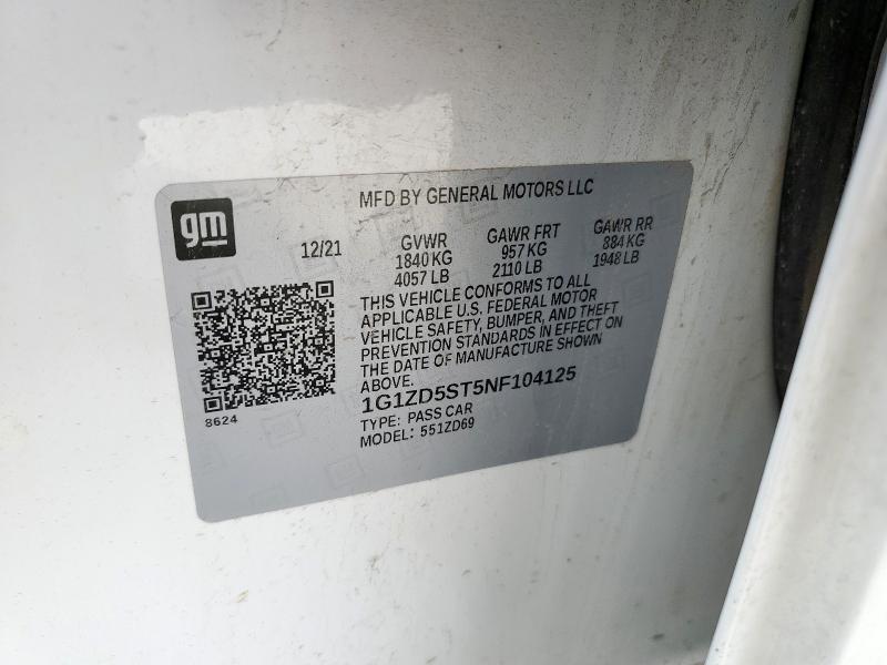 1G1ZD5ST5NF104125 - 2022 CHEVROLET MALIBU LT WHITE photo 12