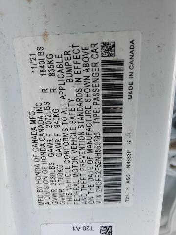 2HGFE2F52NH550783 - 2022 HONDA CIVIC SPORT 白色 照片 12