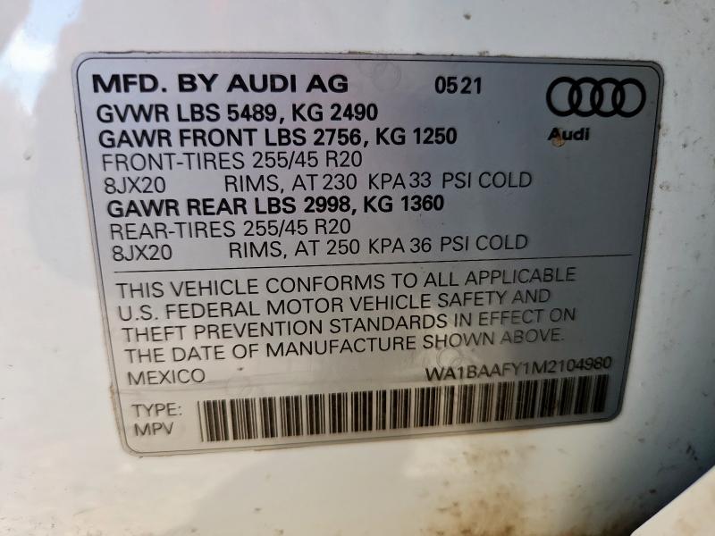 WA1BAAFY1M2104980 - 2021 AUDI Q5 PREMIUM PLUS WHITE photo 13