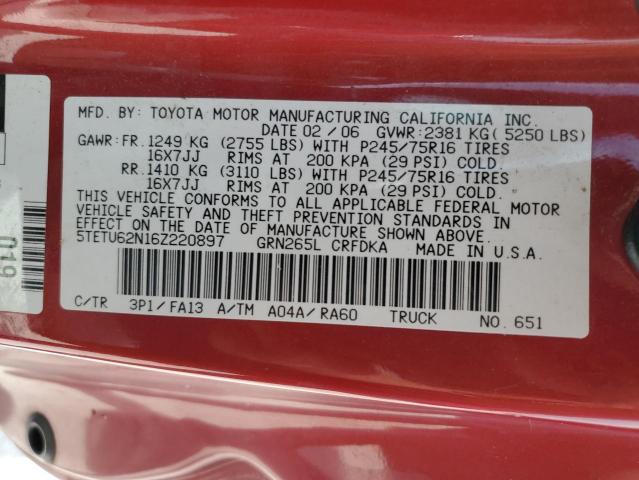 5TETU62N16Z220897 - 2006 TOYOTA TACOMA PRERUNNER ACCESS CAB RED photo 13