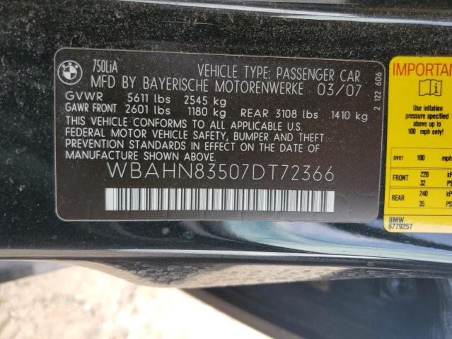 WBAHN83507DT72366 - 2007 BMW 750 BLACK photo 12