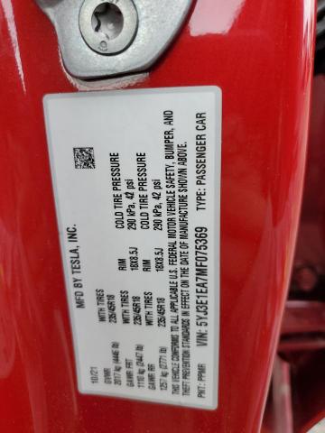 5YJ3E1EA7MF075369 - 2021 TESLA MODEL 3 红色 照片 13