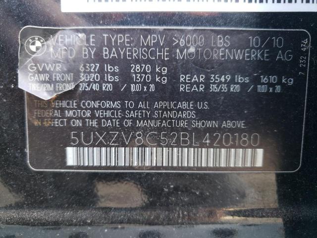 5UXZV8C52BL420180 - 2011 BMW X5 XDRIVE50I BLACK photo 10