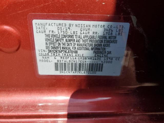 3N1CN7AP7KL870100 - 2019 NISSAN VERSA S RED photo 12