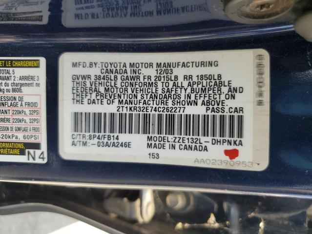 2T1KR32E74C262277 - 2004 TOYOTA COROLLA MA XR BLUE photo 12