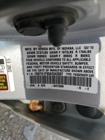 19XFA1F95AE043597 - 2010 HONDA CIVIC EXL ვერცხლისფერი ფოტო 12
