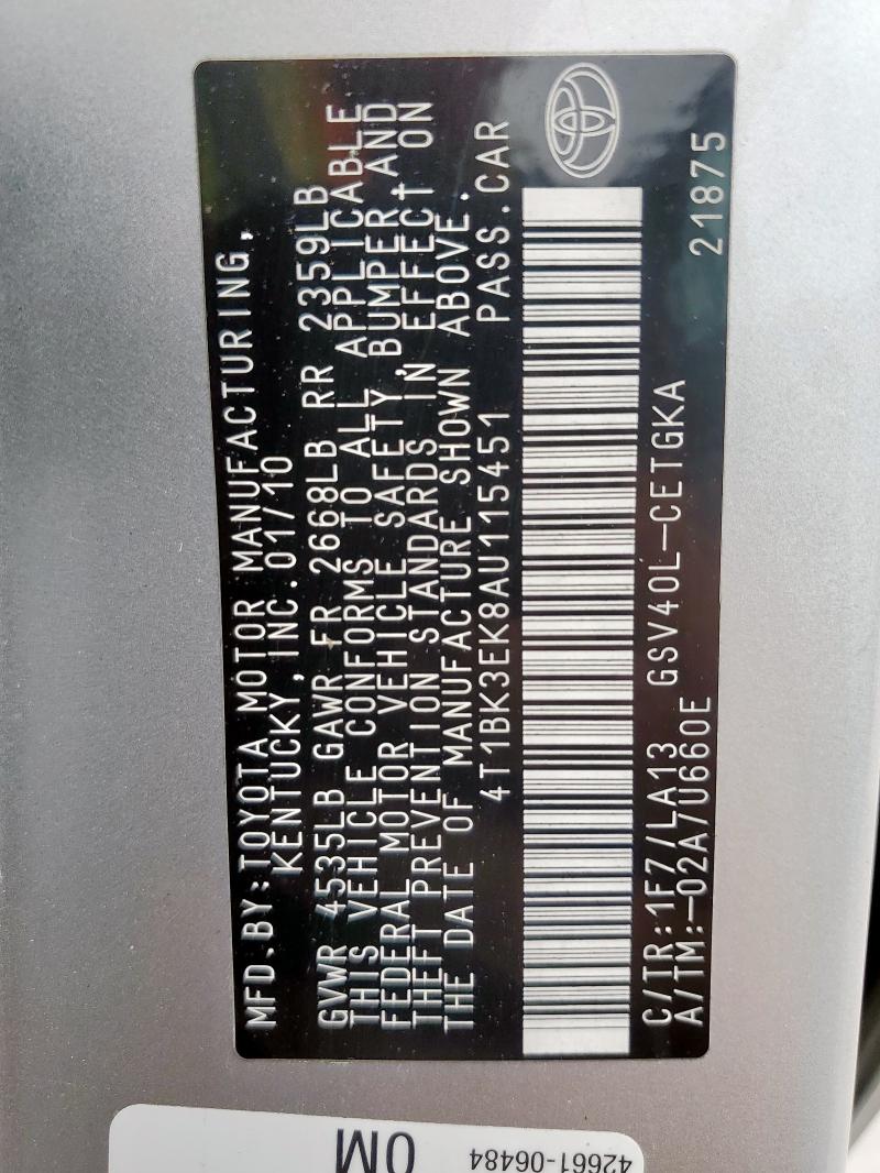 4T1BK3EK8AU115451 - 2010 TOYOTA CAMRY SE ვერცხლისფერი ფოტო 12