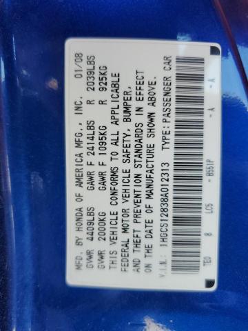 1HGCS12838A012313 - 2008 HONDA ACCORD EXL ლურჯი ფოტო 12