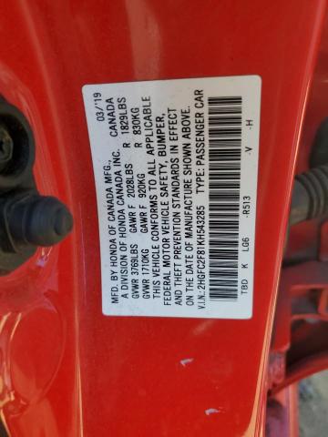 2HGFC2F81KH543285 - 2019 HONDA CIVIC SPORT RED photo 12