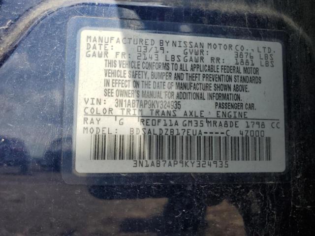 3N1AB7AP9KY324935 - 2019 NISSAN SENTRA S Mavi foto 12