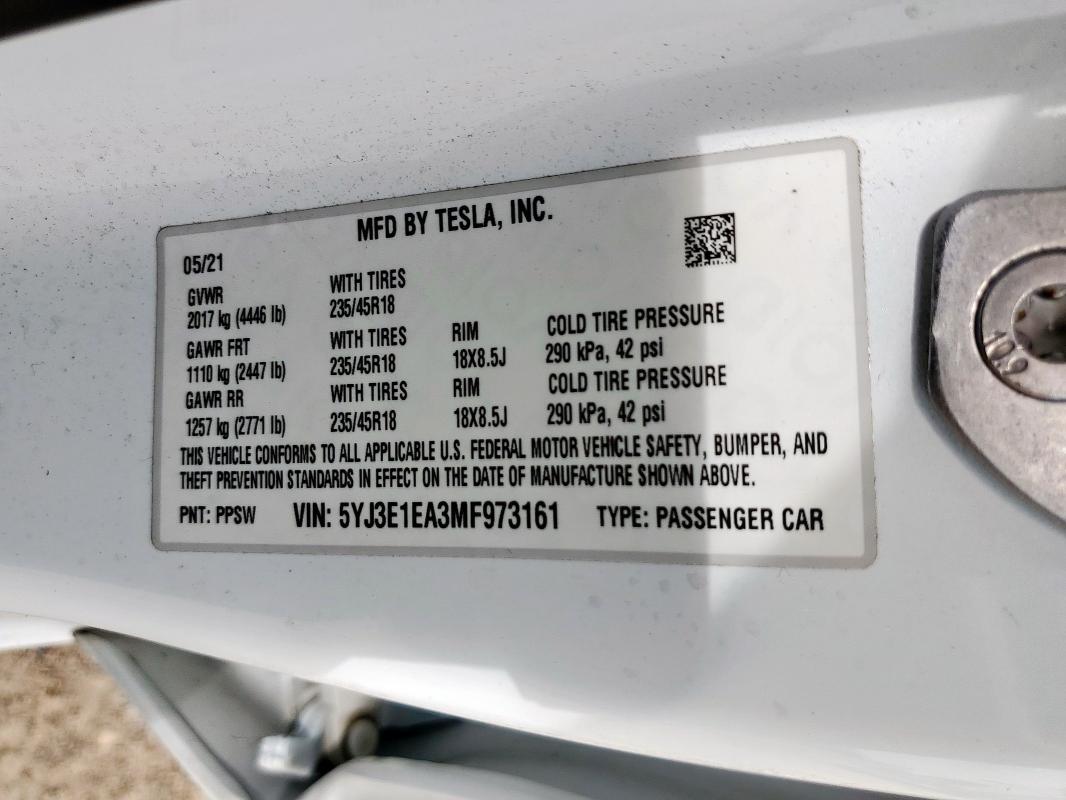 5YJ3E1EA3MF973161 - 2021 TESLA MODEL 3 Ağ foto 12