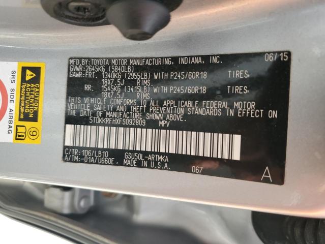 5TDKKRFHXFS092809 - 2015 TOYOTA HIGHLANDER XLE SILVER photo 13