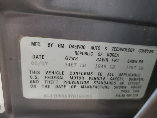 KL1TD56697B166355 - 2007 CHEVROLET AVEO BASE GRAY photo 12