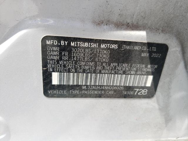 ML32AUHJ4NH008026 - 2022 MITSUBISHI MIRAGE ES WHITE photo 13