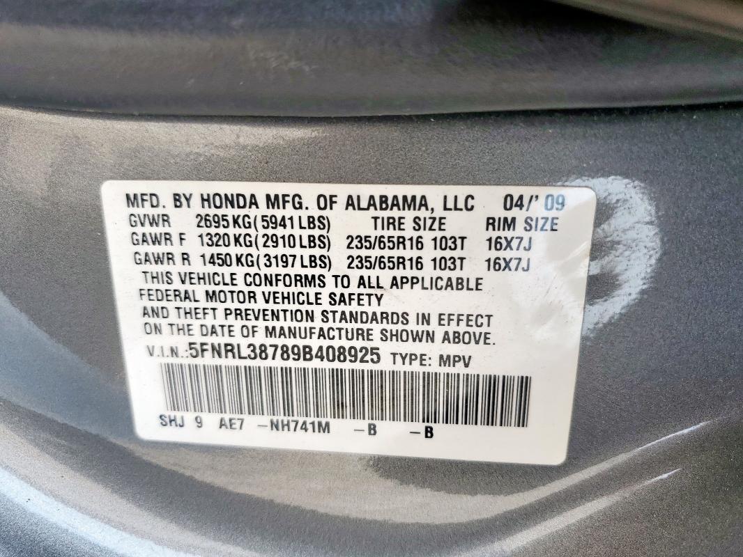 5FNRL38789B408925 - 2009 HONDA ODYSSEY EXL 灰色 照片 13