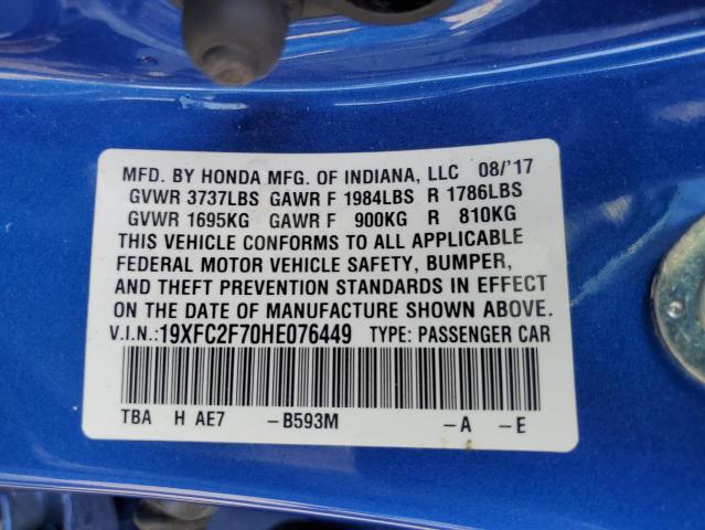 19XFC2F70HE076449 - 2017 HONDA CIVIC EX BLUE photo 12