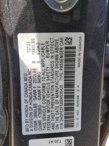 2HGFE2F5XRH536426 - 2024 HONDA CIVIC SPORT GRAY photo 13