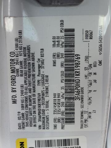 3FA6P0HD1KR198769 - 2019 FORD FUSION SE WHITE photo 12
