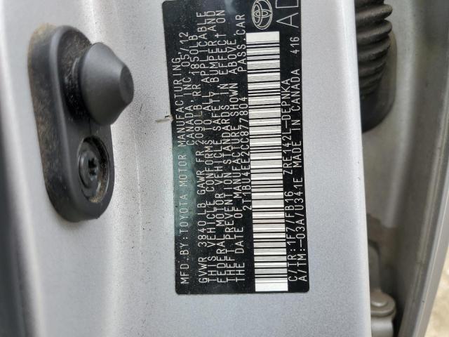 2T1BU4EE2CC877804 - 2012 TOYOTA COROLLA BASE SILVER photo 10