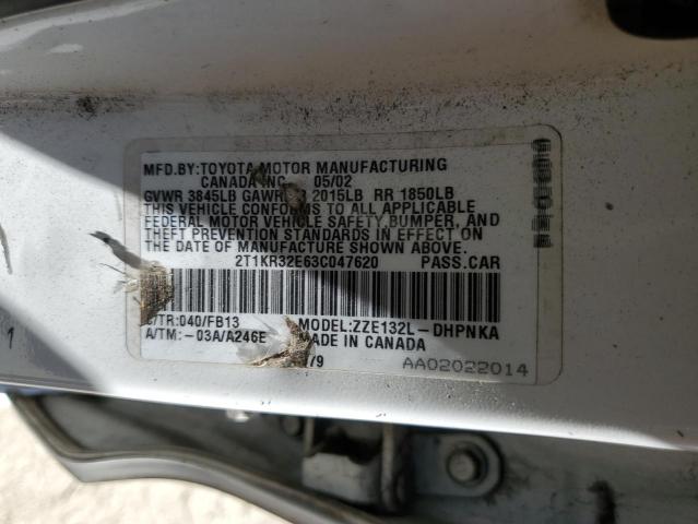 2T1KR32E63C047620 - 2003 TOYOTA COROLLA MA XR WHITE photo 13