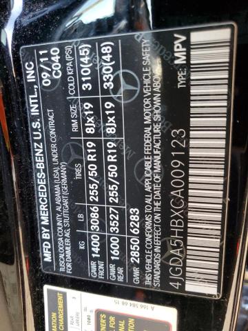 4JGDA5HBXCA009123 - 2012 MERCEDES-BENZ ML 350 4MATIC BLACK photo 10