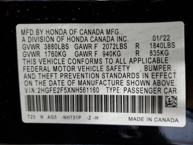 2HGFE2F5XNH561160 - 2022 HONDA CIVIC SPORT 黑色 照片 12