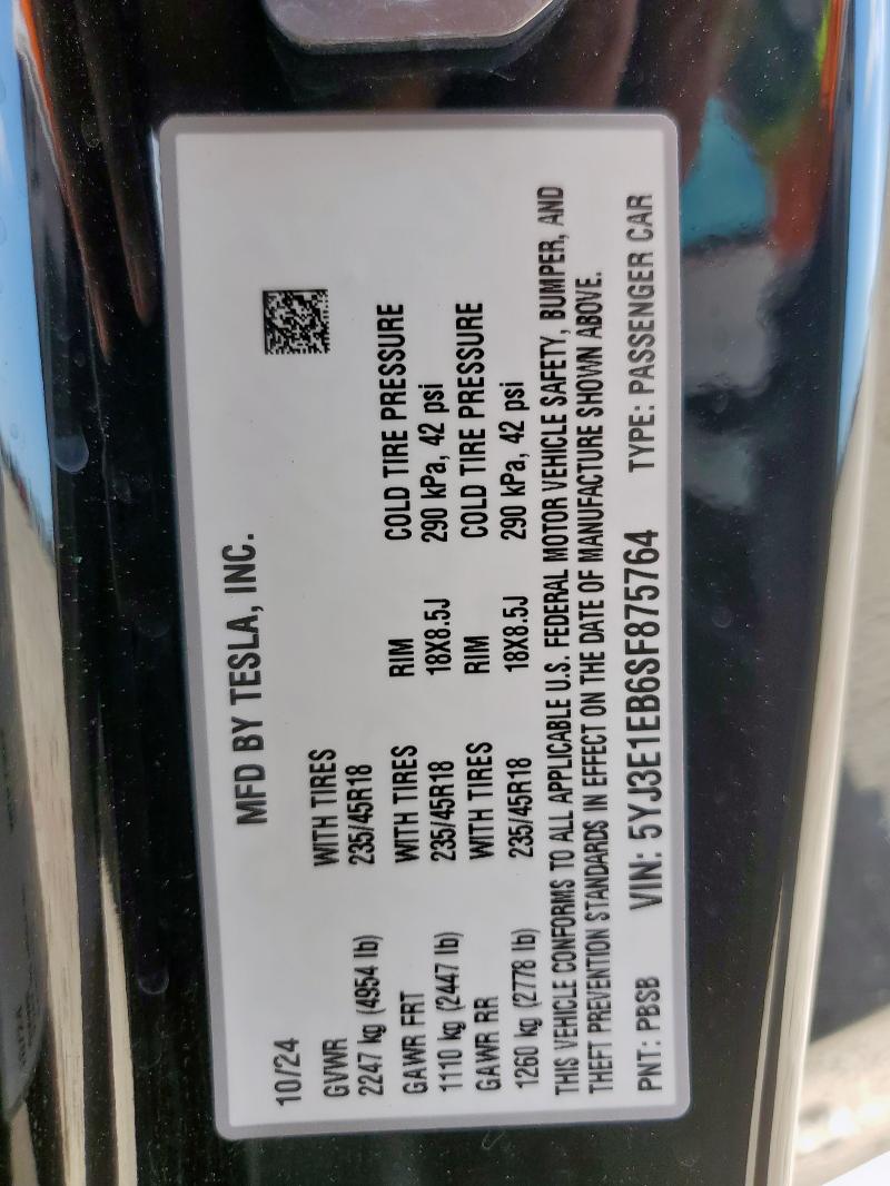 5YJ3E1EB6SF875764 - 2025 TESLA MODEL 3 Qara foto 12