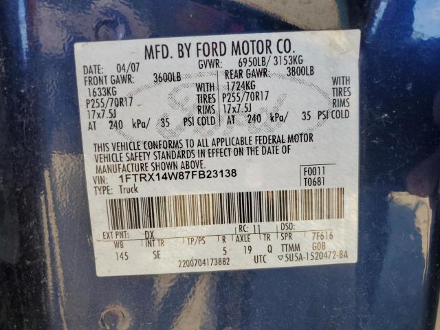 1FTRX14W87FB23138 - 2007 FORD F150 BLUE photo 12