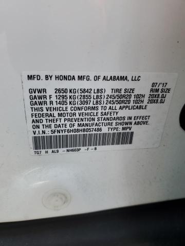 5FNYF6H08HB057486 - 2017 HONDA PILOT ELITE WHITE photo 13