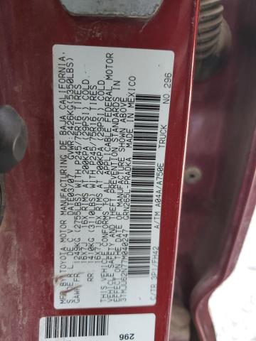 3TMJU62N77M040247 - 2007 TOYOTA TACOMA DOUBLE CAB PRERUNNER MAROON photo 12