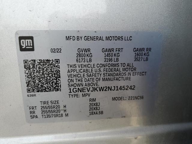 1GNEVJKW2NJ145242 - 2022 CHEVROLET TRAVERSE RS SILVER photo 13