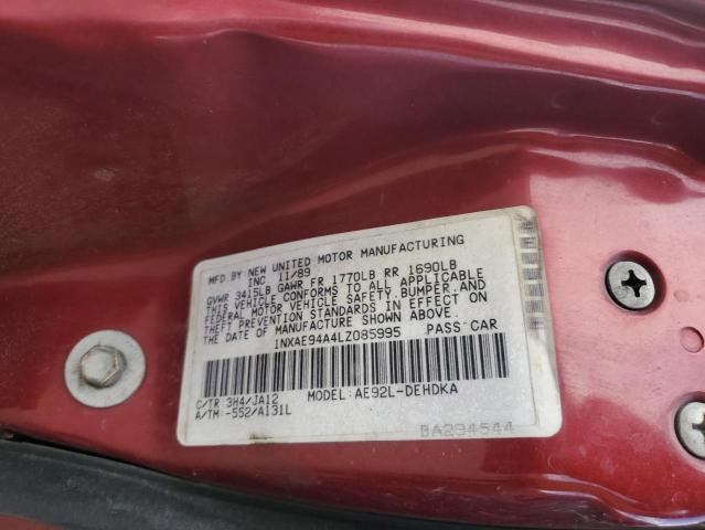 1NXAE94A4LZ085995 - 1990 TOYOTA COROLLA DLX RED photo 12