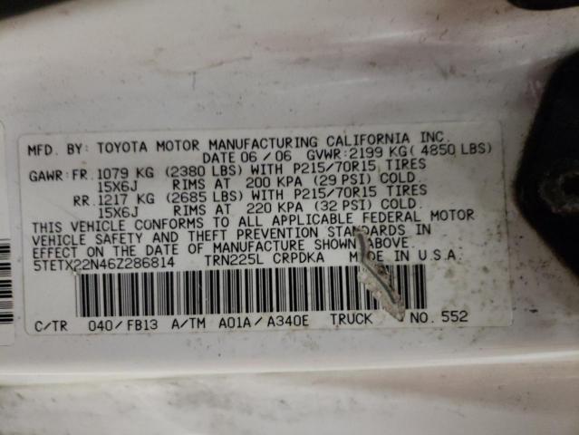 5TETX22N46Z286814 - 2006 TOYOTA TACOMA ACCESS CAB თეთრი ფოტო 12